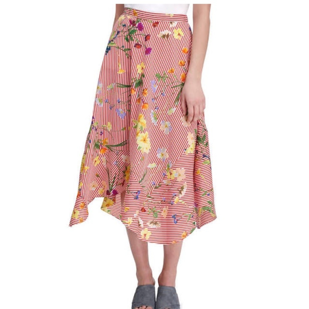 NWT-Calvin Klein Floral Striped Midi Skirt Red